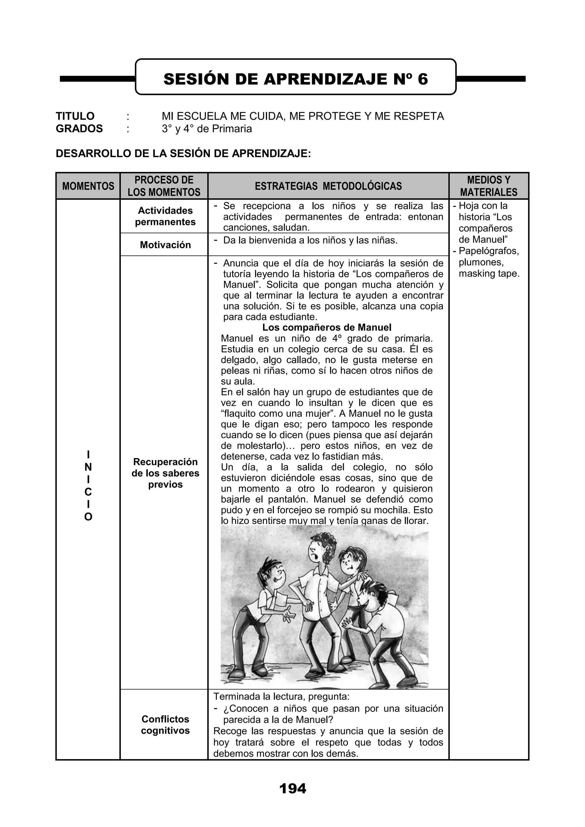 194
TITULO : MI ESCUELA ME CUIDA, ME PROTEGE Y ME RESPETA
GRADOS : 3° y 4° de Primaria
DESARROLLO DE LA SESIÓN DE APRENDIZAJE:
MOMENTOS
PROCESO DE
LOS MOMENTOS
ESTRATEGIAS METODOLÓGICAS
MEDIOS Y
MATERIALES
I
N
I
C
I
O
Actividades
permanentes
- Se recepciona a los niños y se realiza las
actividades permanentes de entrada: entonan
canciones, saludan.
- Hoja con la
historia “Los
compañeros
de Manuel”
- Papelógrafos,
plumones,
masking tape.
Motivación - Da la bienvenida a los niños y las niñas.
Recuperación
de los saberes
previos
- Anuncia que el día de hoy iniciarás la sesión de
tutoría leyendo la historia de “Los compañeros de
Manuel”. Solicita que pongan mucha atención y
que al terminar la lectura te ayuden a encontrar
una solución. Si te es posible, alcanza una copia
para cada estudiante.
Los compañeros de Manuel
Manuel es un niño de 4º grado de primaria.
Estudia en un colegio cerca de su casa. Él es
delgado, algo callado, no le gusta meterse en
peleas ni riñas, como sí lo hacen otros niños de
su aula.
En el salón hay un grupo de estudiantes que de
vez en cuando lo insultan y le dicen que es
“flaquito como una mujer”. A Manuel no le gusta
que le digan eso; pero tampoco les responde
cuando se lo dicen (pues piensa que así dejarán
de molestarlo)… pero estos niños, en vez de
detenerse, cada vez lo fastidian más.
Un día, a la salida del colegio, no sólo
estuvieron diciéndole esas cosas, sino que de
un momento a otro lo rodearon y quisieron
bajarle el pantalón. Manuel se defendió como
pudo y en el forcejeo se rompió su mochila. Esto
lo hizo sentirse muy mal y tenía ganas de llorar.
Conflictos
cognitivos
Terminada la lectura, pregunta:
- ¿Conocen a niños que pasan por una situación
parecida a la de Manuel?
Recoge las respuestas y anuncia que la sesión de
hoy tratará sobre el respeto que todas y todos
debemos mostrar con los demás.
SESIÓN DE APRENDIZAJE Nº 6
 