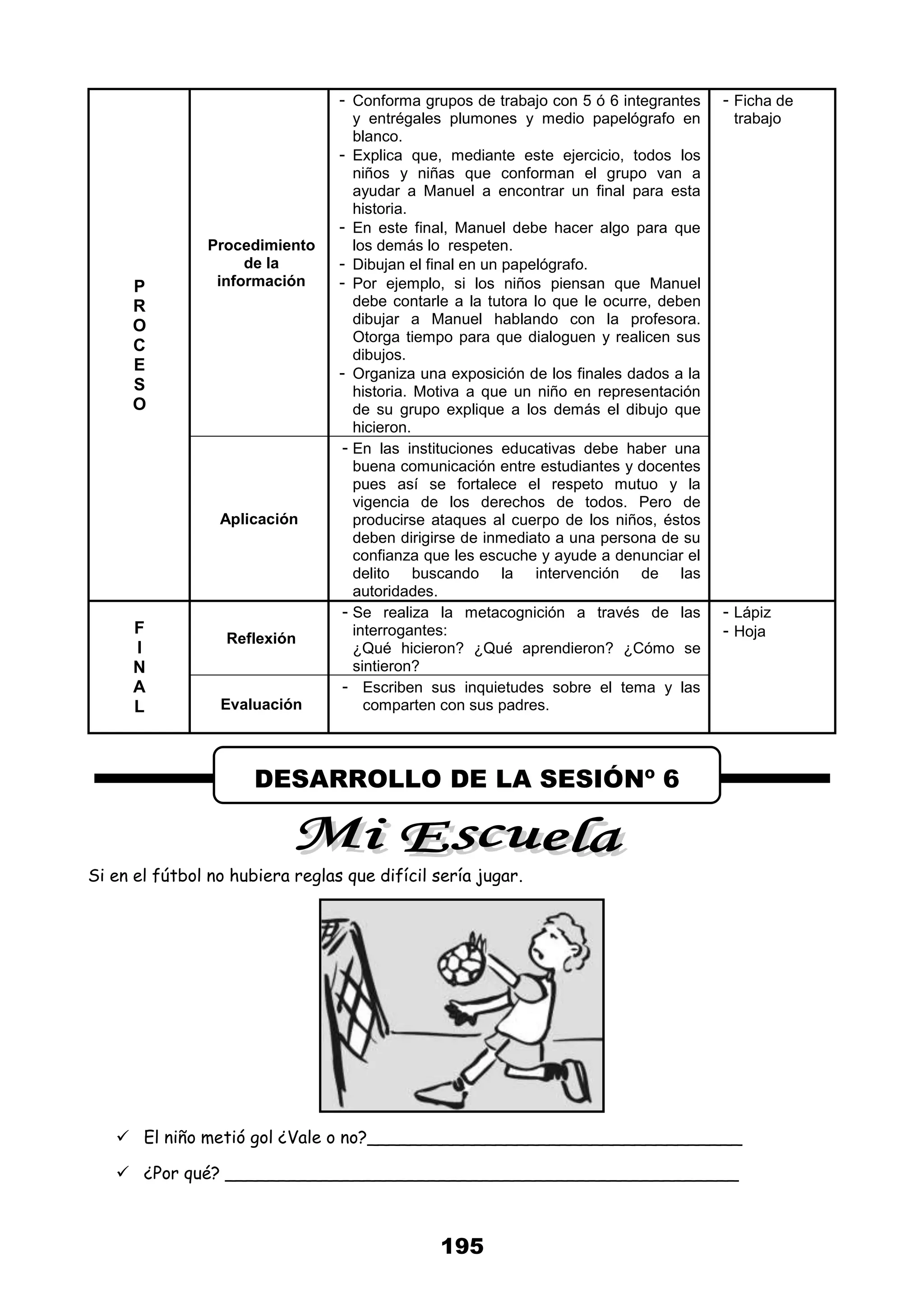 195
P
R
O
C
E
S
O
Procedimiento
de la
información
- Conforma grupos de trabajo con 5 ó 6 integrantes
y entrégales plumones y medio papelógrafo en
blanco.
- Explica que, mediante este ejercicio, todos los
niños y niñas que conforman el grupo van a
ayudar a Manuel a encontrar un final para esta
historia.
- En este final, Manuel debe hacer algo para que
los demás lo respeten.
- Dibujan el final en un papelógrafo.
- Por ejemplo, si los niños piensan que Manuel
debe contarle a la tutora lo que le ocurre, deben
dibujar a Manuel hablando con la profesora.
Otorga tiempo para que dialoguen y realicen sus
dibujos.
- Organiza una exposición de los finales dados a la
historia. Motiva a que un niño en representación
de su grupo explique a los demás el dibujo que
hicieron.
- Ficha de
trabajo
Aplicación
- En las instituciones educativas debe haber una
buena comunicación entre estudiantes y docentes
pues así se fortalece el respeto mutuo y la
vigencia de los derechos de todos. Pero de
producirse ataques al cuerpo de los niños, éstos
deben dirigirse de inmediato a una persona de su
confianza que les escuche y ayude a denunciar el
delito buscando la intervención de las
autoridades.
F
I
N
A
L
Reflexión
- Se realiza la metacognición a través de las
interrogantes:
¿Qué hicieron? ¿Qué aprendieron? ¿Cómo se
sintieron?
- Lápiz
- Hoja
Evaluación
- Escriben sus inquietudes sobre el tema y las
comparten con sus padres.
Si en el fútbol no hubiera reglas que difícil sería jugar.
 El niño metió gol ¿Vale o no?___________________________________
 ¿Por qué? ________________________________________________
DESARROLLO DE LA SESIÓNº 6
 