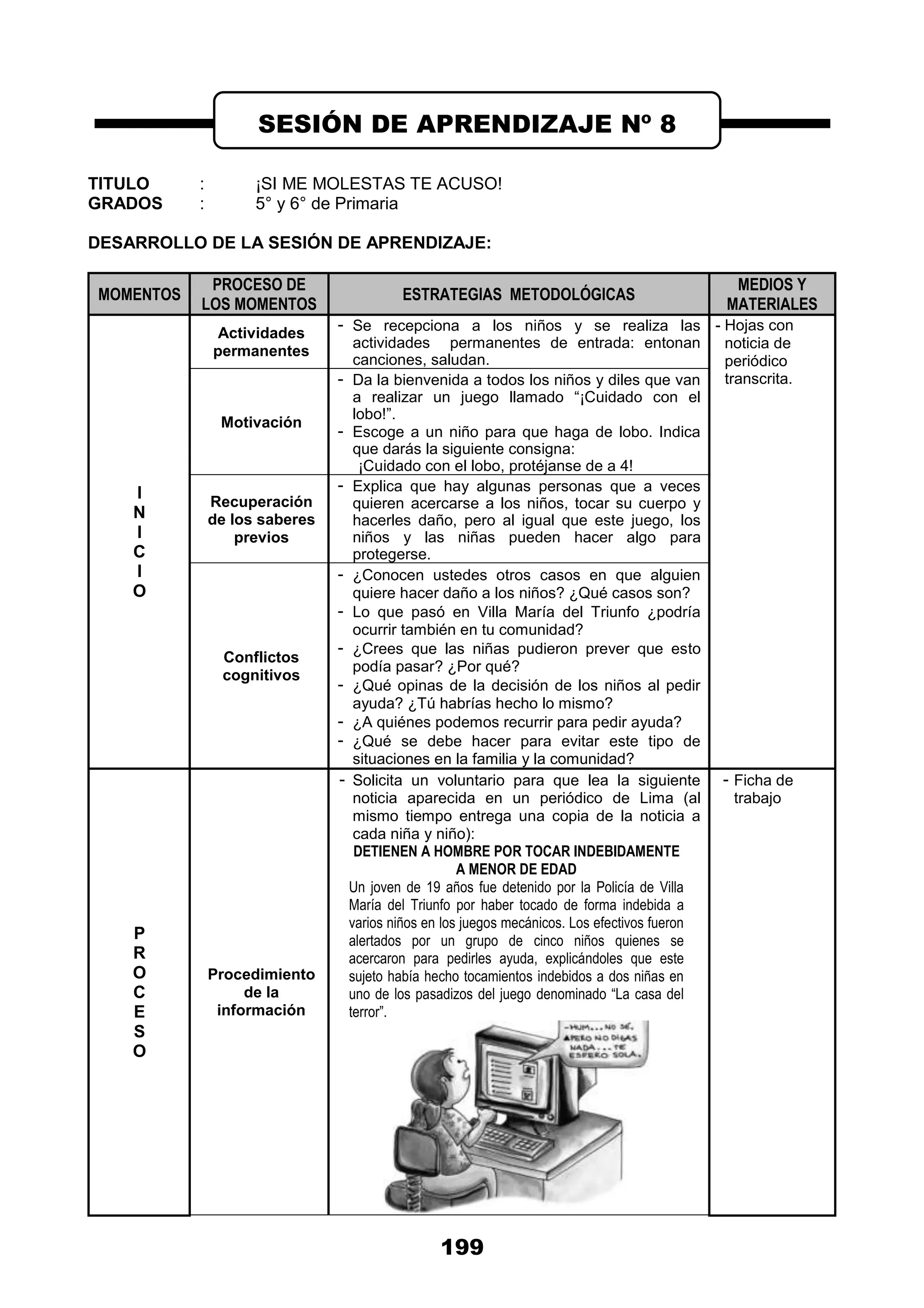 199
TITULO : ¡SI ME MOLESTAS TE ACUSO!
GRADOS : 5° y 6° de Primaria
DESARROLLO DE LA SESIÓN DE APRENDIZAJE:
MOMENTOS
PROCESO DE
LOS MOMENTOS
ESTRATEGIAS METODOLÓGICAS
MEDIOS Y
MATERIALES
I
N
I
C
I
O
Actividades
permanentes
- Se recepciona a los niños y se realiza las
actividades permanentes de entrada: entonan
canciones, saludan.
- Hojas con
noticia de
periódico
transcrita.
Motivación
- Da la bienvenida a todos los niños y diles que van
a realizar un juego llamado “¡Cuidado con el
lobo!”.
- Escoge a un niño para que haga de lobo. Indica
que darás la siguiente consigna:
¡Cuidado con el lobo, protéjanse de a 4!
Recuperación
de los saberes
previos
- Explica que hay algunas personas que a veces
quieren acercarse a los niños, tocar su cuerpo y
hacerles daño, pero al igual que este juego, los
niños y las niñas pueden hacer algo para
protegerse.
Conflictos
cognitivos
- ¿Conocen ustedes otros casos en que alguien
quiere hacer daño a los niños? ¿Qué casos son?
- Lo que pasó en Villa María del Triunfo ¿podría
ocurrir también en tu comunidad?
- ¿Crees que las niñas pudieron prever que esto
podía pasar? ¿Por qué?
- ¿Qué opinas de la decisión de los niños al pedir
ayuda? ¿Tú habrías hecho lo mismo?
- ¿A quiénes podemos recurrir para pedir ayuda?
- ¿Qué se debe hacer para evitar este tipo de
situaciones en la familia y la comunidad?
P
R
O
C
E
S
O
Procedimiento
de la
información
- Solicita un voluntario para que lea la siguiente
noticia aparecida en un periódico de Lima (al
mismo tiempo entrega una copia de la noticia a
cada niña y niño):
DETIENEN A HOMBRE POR TOCAR INDEBIDAMENTE
A MENOR DE EDAD
Un joven de 19 años fue detenido por la Policía de Villa
María del Triunfo por haber tocado de forma indebida a
varios niños en los juegos mecánicos. Los efectivos fueron
alertados por un grupo de cinco niños quienes se
acercaron para pedirles ayuda, explicándoles que este
sujeto había hecho tocamientos indebidos a dos niñas en
uno de los pasadizos del juego denominado “La casa del
terror”.
- Ficha de
trabajo
SESIÓN DE APRENDIZAJE Nº 8
 