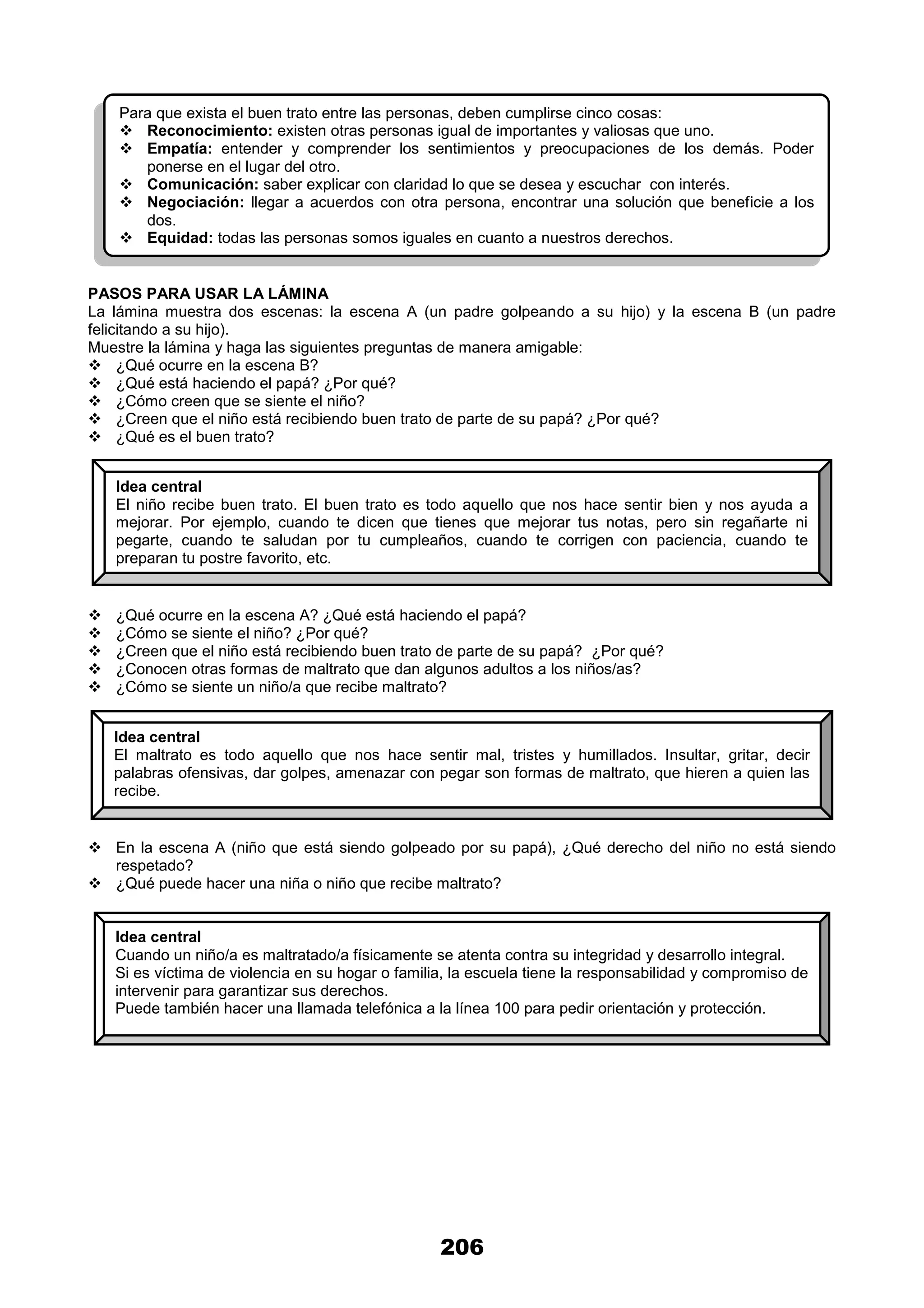 206
PASOS PARA USAR LA LÁMINA
La lámina muestra dos escenas: la escena A (un padre golpeando a su hijo) y la escena B (un padre
felicitando a su hijo).
Muestre la lámina y haga las siguientes preguntas de manera amigable:
 ¿Qué ocurre en la escena B?
 ¿Qué está haciendo el papá? ¿Por qué?
 ¿Cómo creen que se siente el niño?
 ¿Creen que el niño está recibiendo buen trato de parte de su papá? ¿Por qué?
 ¿Qué es el buen trato?
 ¿Qué ocurre en la escena A? ¿Qué está haciendo el papá?
 ¿Cómo se siente el niño? ¿Por qué?
 ¿Creen que el niño está recibiendo buen trato de parte de su papá? ¿Por qué?
 ¿Conocen otras formas de maltrato que dan algunos adultos a los niños/as?
 ¿Cómo se siente un niño/a que recibe maltrato?
 En la escena A (niño que está siendo golpeado por su papá), ¿Qué derecho del niño no está siendo
respetado?
 ¿Qué puede hacer una niña o niño que recibe maltrato?
Para que exista el buen trato entre las personas, deben cumplirse cinco cosas:
 Reconocimiento: existen otras personas igual de importantes y valiosas que uno.
 Empatía: entender y comprender los sentimientos y preocupaciones de los demás. Poder
ponerse en el lugar del otro.
 Comunicación: saber explicar con claridad lo que se desea y escuchar con interés.
 Negociación: llegar a acuerdos con otra persona, encontrar una solución que beneficie a los
dos.
 Equidad: todas las personas somos iguales en cuanto a nuestros derechos.
Idea central
El niño recibe buen trato. El buen trato es todo aquello que nos hace sentir bien y nos ayuda a
mejorar. Por ejemplo, cuando te dicen que tienes que mejorar tus notas, pero sin regañarte ni
pegarte, cuando te saludan por tu cumpleaños, cuando te corrigen con paciencia, cuando te
preparan tu postre favorito, etc.
Idea central
El maltrato es todo aquello que nos hace sentir mal, tristes y humillados. Insultar, gritar, decir
palabras ofensivas, dar golpes, amenazar con pegar son formas de maltrato, que hieren a quien las
recibe.
El maltrato no ayuda al desarrollo de las niñas y niños.
Idea central
Cuando un niño/a es maltratado/a físicamente se atenta contra su integridad y desarrollo integral.
Si es víctima de violencia en su hogar o familia, la escuela tiene la responsabilidad y compromiso de
intervenir para garantizar sus derechos.
Puede también hacer una llamada telefónica a la línea 100 para pedir orientación y protección.
 