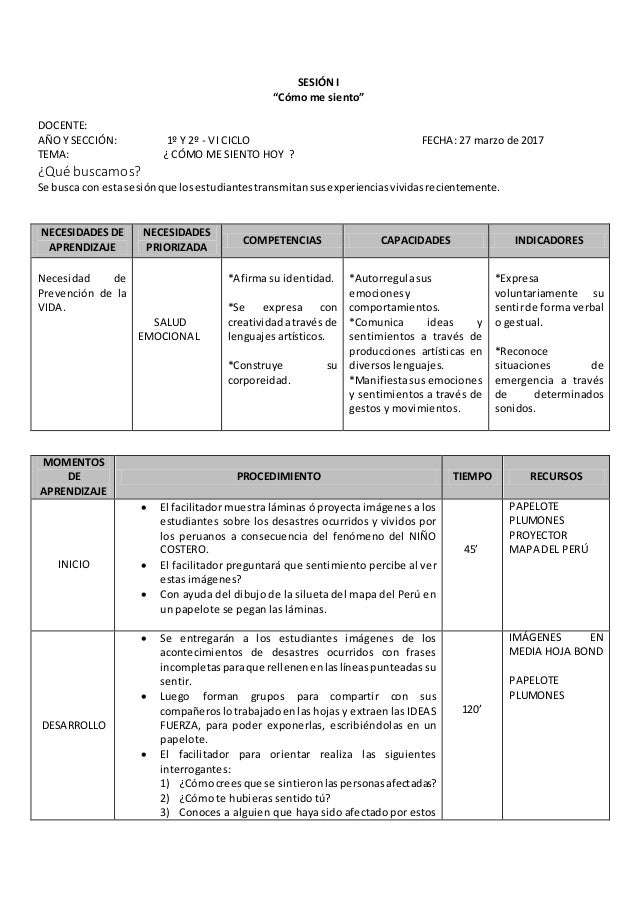 Sesiones de tutoría nivel secundaria 1º a 5º.