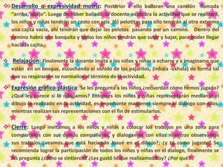  Desarrollo o expresividad motriz: Posterior a ello bailaran una canción llamada 
“arriba, abajo”. Luego de haber bailado, la docente explicara la actividad que se realizara, 
los niños y niñas tendrán un cesto con seis (6) pelotitas para ello tendrán al otro extremo 
una cajita vacía, ahí tendrán que dejar las pelotas pasando por un camino. Dentro del 
camino habrá una banquita y todos los niños tendrán que subir y bajar, para poder llegar 
hacia la cajita. 
 Relajación: Finalmente la docente invita a los niños y niñas a echarse y a imaginarse que 
están en un bosque, escuchando el sonido de los pajaritos, (inhala -exhala) de forma tal 
que su respiración se normalice al término de la actividad. 
 Expresión grafico-plástica: Se les pregunta a los niños ¿recuerdan cómo hemos jugado? 
¿Qué les parece si lo dibujamos? Entonces los niños y niñas representarán mediante el 
dibujo lo realizado en la actividad, es importante mantener siempre el diálogo con ellos, 
mientras realizan sus representaciones con el fin de estimularlos. 
 Cierre: Luego invitamos a los niños y niñas a colocar los trabajos en una zona para 
compartirlos con sus demás compañeros, y dialogamos con ellos mientras observamos 
sus trabajos ¿veamos que está haciendo Josué en el dibujo?; ¿y tú como jugaste? Se 
recomienda lograr la participación de todos los niños y niñas en el dialogo, finalmente se 
les pregunta ¿cómo se sintieron? ¿Les gustó lo que realizamos hoy? ¿Por qué? 
 
