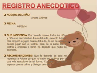  NOMBRE DEL NIÑO: 
Ariana Chávez 
 FECHA: 
09/09/14 
 QUE INCIDENCIA: Era hora de recreo, todos los niños 
y niñas se encontraban fuera del aula, excepto Ariana. 
Ella empezó a jugar dentro del aula, de un de repente 
decide jugar con el teatrín, pero de la nada tira el 
teatrín y empieza a llorar, no dejando que nadie se 
acercara. 
 RECOMENDACIONES: Que la docente de aula no 
reprenda a Ariana ya que no sabe los motivos por la 
cual ella reacciono de tal forma. Considero que debe 
esperar que se calma y dialogar con ella. 
 