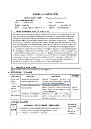 1
SESIÓN DE APRENDIZAJE N°83
TÍTULO DE LA SESIÓN: “Haz crecer tu inteligencia”
I. DATOS INFORMATIVOS
Área : Comunicación N...