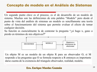 DECISIONES Objetivos e indicadores de efectividad MODELO Un segundo punto clave es el proceso, es el de desarrollo de un modelo de sistema. Muchas son las definiciones de esta palabra “Modelo” pero desde el punto de vista del análisis de sistemas un modelo es sencillamente una teoría sobre el funcionamiento del sistema que permite evaluar el efecto de tomar cualquier decisión. Su función es esencialmente la de contestar la pregunta “¿si hago x, gano o pierdo en términos de mis objetivos ?” Un objeto M es un modelo de un objeto R para un observador O, si M responde a las preguntas que O se formula respecto a R entonces es importante darse cuenta de la existencia del triangulo observador, realidad, modelo. . Concepto de modelo en el Análisis de Sistemas 