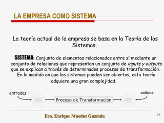 LA EMPRESA COMO SISTEMA La teoría actual de la empresa se basa en la Teoría de los Sistemas.  SISTEMA:   Conjunto de elementos relacionados entre sí mediante un  conjunto de relaciones que representan un conjunto de  inputs y outputs que se explican a través de determinados procesos de transformación.  En la medida en que los sistemas pueden ser abiertos, esta teoría adquiere una gran complejidad.  Proceso de Transformación entradas salidas 