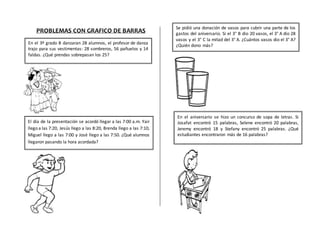 PROBLEMAS CON GRAFICO DE BARRAS
En el 3º grado B danzaran 28 alumnos, el profesor de danza
trajo para sus vestimentas: 28 sombreros, 56 pañuelos y 14
faldas. ¿Qué prendas sobrepasan los 25?
El día de la presentación se acordó llegar a las 7:00 a.m. Yair
llego a las 7:20, Jesús llego a las 8:20, Brenda llego a las 7:10,
Miguel llego a las 7:00 y José llego a las 7:50. ¿Qué alumnos
llegaron pasando la hora acordada?
Se pidió una donación de vasos para cubrir una parte de los
gastos del aniversario. Si el 3° B dio 20 vasos, el 3° A dio 28
vasos y el 3° C la mitad del 3° A. ¿Cuántos vasos dio el 3° A?
¿Quién dono más?
En el aniversario se hizo un concurso de sopa de letras. Si
Josafat encontró 15 palabras, Selene encontró 20 palabras,
Jeremy encontró 18 y Stefany encontró 25 palabras. ¿Qué
estudiantes encontraron más de 16 palabras?
 