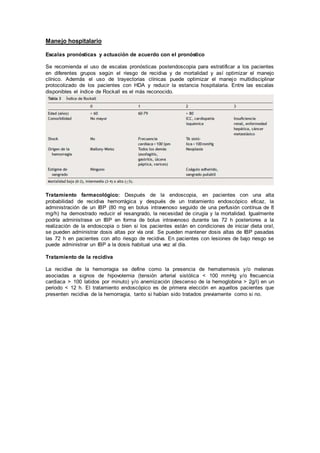 Manejo hospitalario
Escalas pronósticas y actuación de acuerdo con el pronóstico
Se recomienda el uso de escalas pronósticas postendoscopia para estratificar a los pacientes
en diferentes grupos según el riesgo de recidiva y de mortalidad y así optimizar el manejo
clínico. Además el uso de trayectorias clínicas puede optimizar el manejo multidisciplinar
protocolizado de los pacientes con HDA y reducir la estancia hospitalaria. Entre las escalas
disponibles el índice de Rockall es el más reconocido.
Tratamiento farmacológico: Después de la endoscopia, en pacientes con una alta
probabilidad de recidiva hemorrágica y después de un tratamiento endoscópico eficaz, la
administración de un IBP (80 mg en bolus intravenoso seguido de una perfusión contínua de 8
mg/h) ha demostrado reducir el resangrado, la necesidad de cirugía y la mortalidad. Igualmente
podría administrase un IBP en forma de bolus intravenoso durante las 72 h posteriores a la
realización de la endoscopia o bien si los pacientes están en condiciones de iniciar dieta oral,
se pueden administrar dosis altas por vía oral. Se pueden mantener dosis altas de IBP pasadas
las 72 h en pacientes con alto riesgo de recidiva. En pacientes con lesiones de bajo riesgo se
puede administrar un IBP a la dosis habitual una vez al día.
Tratamiento de la recidiva
La recidiva de la hemorragia se define como la presencia de hematemesis y/o melenas
asociadas a signos de hipovolemia (tensión arterial sistólica < 100 mmHg y/o frecuencia
cardiaca > 100 latidos por minuto) y/o anemización (descenso de la hemoglobina > 2g/l) en un
periodo < 12 h. El tratamiento endoscópico es de primera elección en aquellos pacientes que
presenten recidiva de la hemorragia, tanto si habían sido tratados previamente como si no.
 
