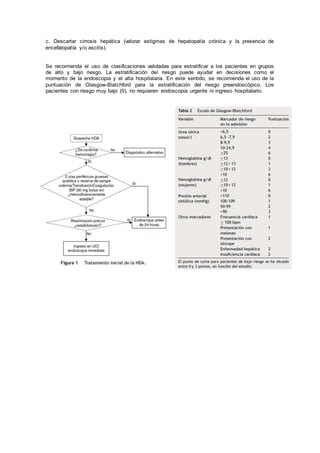 c. Descartar cirrosis hepática (valorar estigmas de hepatopatía crónica y la presencia de
encefalopatía y/o ascitis).
Se recomienda el uso de clasificaciones validadas para estratificar a los pacientes en grupos
de alto y bajo riesgo. La estratificación del riesgo puede ayudar en decisiones como el
momento de la endoscopia y el alta hospitalaria. En este sentido, se recomienda el uso de la
puntuación de Glasgow-Blatchford para la estratificación del riesgo preendoscópico. Los
pacientes con riesgo muy bajo (0), no requieren endoscopia urgente ni ingreso hospitalario.
 