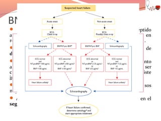 BNP

 El péptido natriurético (BNP) es un 32 - polipéptido

aminoácidos secretada por las ventrículos del corazón en
respuesta a estiramiento excesivo de los miocitos del ventrículo.

 Niveles elevados de BNP se utilizan como una prueba de

diagnóstico de la insuficiencia cardíaca.

 La medición de los niveles sanguíneos de BNP o del fragmento

amino terminal de pro-BNP (NT-pro-BNP) deben ser
considerados, en pacientes con sospecha de fracaso cuando existe
incertidumbre clínica.
 Controversia entre guía 2008 y 2012. Alto número de falsos

negativos.

 Aunque no existe evidencia científica, puede tener valor en el

seguimiento de pacientes.

 