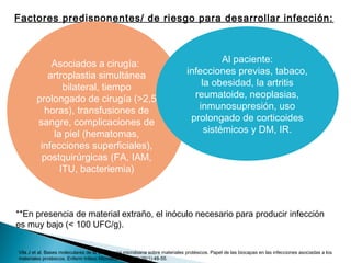 Factores predisponentes/ de riesgo para desarrollar infección:
Vila J et al. Bases moleculares de la adherencia microbiana sobre materiales protésicos. Papel de las biocapas en las infecciones asociadas a los
materiales protésicos. Enferm Infecc Microbiol Clin 2008;26(1):48-55.
Asociados a cirugía:
artroplastia simultánea
bilateral, tiempo
prolongado de cirugía (>2,5
horas), transfusiones de
sangre, complicaciones de
la piel (hematomas,
infecciones superficiales),
postquirúrgicas (FA, IAM,
ITU, bacteriemia)
Al paciente:
infecciones previas, tabaco,
la obesidad, la artritis
reumatoide, neoplasias,
inmunosupresión, uso
prolongado de corticoides
sistémicos y DM, IR.
**En presencia de material extraño, el inóculo necesario para producir infección
es muy bajo (< 100 UFC/g).
 