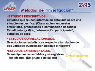Métodos  de  “investigación” ESTUDIOS DESCRIPTIVOS.-  Estudios que reúnen información detallada sobre una situación específica. (Observación, encuestas, entrevistas, grabaciones o combinación de todas) Estudio etnográfico, “observación participante”, estudios de caso. ESTUDIOS CORRELACIONADOS.-  Descripciones estadísticas respecto a la relación de dos variables (Correlación positiva o negativa) ESTUDIOS EXPERIMENTALES.-  Se manipulan las variables y se registran  los efectos. (De grupo o de sujeto) 
