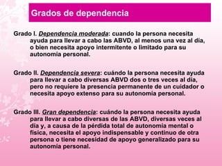 Grados de dependencia Grado I.   Dependencia moderada : cuando la persona necesita ayuda para llevar a cabo las ABVD, al menos una vez al día, o bien necesita apoyo intermitente o limitado para su autonomía personal.  Grado II.  Dependencia severa : cuándo la persona necesita ayuda para llevar a cabo diversas ABVD dos o tres veces al día, pero no requiere la presencia permanente de un cuidador o necesita apoyo extenso para su autonomía personal.  Grado III.  Gran dependencia : cuándo la persona necesita ayuda para llevar a cabo diversas de las ABVD, diversas veces al día y, a causa de la pérdida total de autonomía mental o física, necesita el apoyo indispensable y continuo de otra persona o tiene necesidad de apoyo generalizado para su autonomía personal.  
