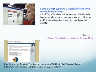 EE.UU.:	
  La	
  web	
  supera	
  ya	
  a	
  la	
  prensa	
  escrita	
  como	
  
                                                     fuente	
  de	
  información	
  
                                                     -­‐	
  En	
  2010,	
  	
  47%	
  	
  de	
  estadounidenses	
  	
  u4lizó	
  la	
  web	
  
                                                     tres	
  veces	
  a	
  la	
  semana	
  o	
  más	
  para	
  ver	
  las	
  no4cias	
  vs	
  
                                                     el	
  40	
  %	
  que	
  aﬁrmó	
  hacerlo	
  a	
  través	
  de	
  la	
  prensa	
  
                                                     escrita.	
  




                                                                                                                   Fuente	
  1	
  :
                                                                 Sección	
  Tecnología,	
  	
  emol.com,	
  14	
  marzo	
  2011	
  




Fuente	
  original:	
  Reporte	
  The	
  State	
  of	
  the	
  Media	
  US,	
  2011	
  PEW	
  Research	
  Center	
  
hRp://stateoThemedia.org/2011/overview-­‐2/press-­‐alert/	
  
 