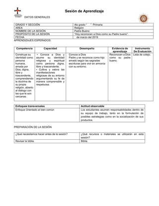 Sesión de Aprendizaje
DATOS GENERALES
APRENDIZAJES ESPERADOS:
Enfoques transversales Actitud observable
Enfoque Orientado al bien común Los estudiantes asumen responsabilidades dentro de
su equipo de trabajo, tanto en la formulación de
posibles estrategias como en la socialización de sus
productos.
PREPARACIÓN DE LA SESIÓN
¿Qué necesitamos hacer antes de la sesión? ¿Qué recursos o materiales se utilizarán en esta
sesión?
Revisar la biblia. Biblia.
GRADO Y SECCIÓN 4to grado “ ” Primaria
AREA Religión
NOMBRE DE LA SESIÓN Padre Bueno
PROPÓSITO DE LA SESIÓN “Hoy reconocen a Dios como su Padre bueno”.
FECHA de marzo del 2019
Competencia Capacidad Desempeño Evidencia de
aprendizaje
Instrumento
De Evaluación
Construye su
identidad como
persona
humana,
amada por
Dios, digna,
libre y
trascendente,
comprendiendo
la doctrina de
su propia
religión, abierto
al diálogo con
las que le son
cercanas.
• Conoce a Dios y
asume su identidad
religiosa y espiritual
como persona digna,
libre y trascendente.
• Cultiva y valora las
manifestaciones
religiosas de su entorno
argumentando su fe de
manera comprensible y
respetuosa.
Conoce a Dios
Padre y se reconoce como hijo
amado según las sagradas
escrituras para vivir en armonía
con su entorno.
Reconocen a Dios
como su padre
bueno.
Lista de cotejo.
 