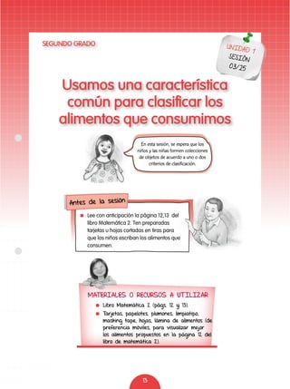 13
Usamos una característica
común para clasificar los
alimentos que consumimos
UNIDAD 1
SESIÓN
03/25
En esta sesión, se espera que los
niños y las niñas formen colecciones
de objetos de acuerdo a uno o dos
criterios de clasificación.
MATERIALES O RECURSOS A UTILIZAR
	 Libro Matemática 2 (págs. 12 y 13).
	 Tarjetas, papelotes, plumones, limpiatipo,
masking tape, hojas, lámina de alimentos (de
preferencia móviles, para visualizar mejor
los alimentos propuestos en la página 12 del
libro de matemática 2).
	 Lee con anticipación la página 12,13 del
libro Matemática 2. Ten preparadas
tarjetas u hojas cortadas en tiras para
que los niños escriban los alimentos que
consumen.
Antes de la sesión
SEGUNDO GRADO
 