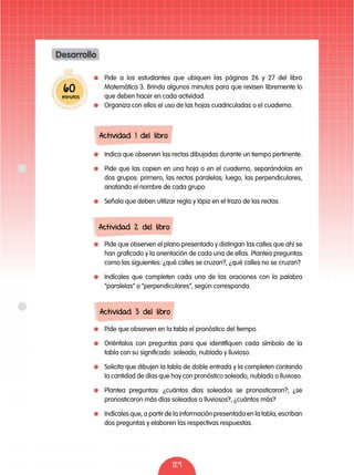 129
	 Indica que observen las rectas dibujadas durante un tiempo pertinente.
	 Pide que las copien en una hoja o en el cuaderno, separándolas en
dos grupos: primero, las rectas paralelas; luego, las perpendiculares,
anotando el nombre de cada grupo.
	 Señala que deben utilizar regla y lápiz en el trazo de las rectas.
	 Pide que observen el plano presentado y distingan las calles que ahí se
han graficado y la orientación de cada una de ellas. Plantea preguntas
como las siguientes: ¿qué calles se cruzan?, ¿qué calles no se cruzan?
	 Indícales que completen cada una de las oraciones con la palabra
“paralelas” o “perpendiculares”, según corresponda.
	 Pide que observen en la tabla el pronóstico del tiempo.
	 Oriéntalos con preguntas para que identifiquen cada símbolo de la
tabla con su significado: soleado, nublado y lluvioso.
	 Solicita que dibujen la tabla de doble entrada y la completen contando
la cantidad de días que hay con pronóstico soleado, nublado o lluvioso.
	 Plantea preguntas: ¿cuántos días soleados se pronosticaron?; ¿se
pronosticaron más días soleados o lluviosos?, ¿cuántos más?
	 Indícales que, a partir de la información presentada en la tabla, escriban
dos preguntas y elaboren las respectivas respuestas.
Actividad 1 del libro
Actividad 2 del libro
Actividad 3 del libro
	 Pide a los estudiantes que ubiquen las páginas 26 y 27 del libro
Matemática 3. Brinda algunos minutos para que revisen libremente lo
que deben hacer en cada actividad.
	 Organiza con ellos el uso de las hojas cuadriculadas o el cuaderno.
60
minutos
Desarrollo
 
