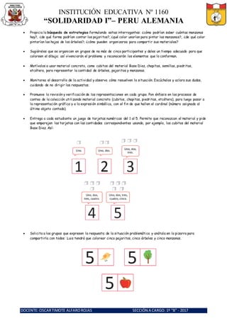 INSTITUCIÓN EDUCATIVA Nº 1160
“SOLIDARIDAD I”– PERU ALEMANIA
DOCENTE: OSCARTIMOTE ALFAROROJAS SECCIÓN A CARGO: 1º “B” - 2017
 Propicia la búsqueda de estrategias formulando estas interrogantes: ¿cómo podrían saber cuántas manzanas
hay?, ¿de qué forma podrían contar los pajaritos?, ¿qué color usarían para pintar las manzanas?, ¿de qué color
pintarían las hojas de los árboles?; ¿cómo pueden organizarse para compartir sus materiales?
 Sugiéreles que se organicen en grupos de no más de cinco participantes y dales un tiempo adecuado para que
coloreen el dibujo; así vivenciarán el problema y reconocerán los elementos que lo conforman.
 Motívalos a usar material concreto, como cubitos del material Base Diez, chapitas, semillas, piedritas,
etcétera, para representar la cantidad de árboles, pajaritos y manzanas.
 Monitorea el desarrollo de la actividad y observa cómo resuelven la situación. Escúchalos y aclara sus dudas,
cuidando de no dirigir las respuestas.
 Promueve la revisión y verificación de las representaciones en cada grupo. Pon énfasis en los procesos de
conteo de la colección utilizando material concreto (cubitos, chapitas, piedritas, etcétera), para luego pasar a
la representación gráfica y a la expresión simbólica, con el fin de que hallen el cardinal (número asignado al
último objeto contado).
 Entrega a cada estudiante un juego de tarjetas numéricas del 1 al 5. Permite que reconozcan el material y pide
que emparejen las tarjetas con las cantidades correspondientes usando, por ejemplo, los cubitos del material
Base Diez. Así:
 Solicita a los grupos que expresen la respuesta de la situación problemática y anótala en la pizarra para
compartirla con todos: Luis tendrá que colorear cinco pajaritos, cinco árboles y cinco manzanas.
 
