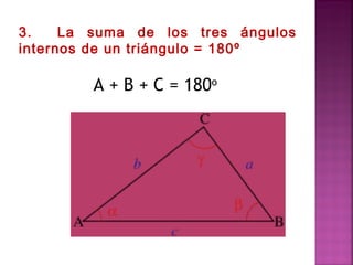 3.
La suma de los tres ángulos
internos de un triángulo = 180º

A + B + C = 180o

 