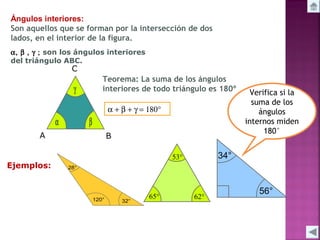 Ángulos interiores:
Son aquellos que se forman por la intersección de dos
lados, en el interior de la figura.
α, β , γ ; son los ángulos interiores
del triángulo ABC.

C

Teorema: La suma de los ángulos
interiores de todo triángulo es 180º

γ

α + β + γ = 180°

α
A

Ejemplos:

β
B

Verifica si la
suma de los
ángulos
internos miden
180°

 
