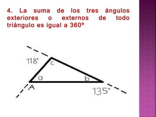 4. La suma de los tres ángulos
exteriores
o
externos
de
todo
triángulo es igual a 360º

 