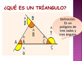 Definición:
Definición:
Es un
Es un
polígono de
polígono de
tres lados y
tres lados y
tres ángulos
tres ángulos

 