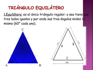 1.Equilátero: es el único triángulo regular; o sea tiene sus
tres lados iguales y por ende sus tres ángulos miden lo
mismo (60° cada uno).
C
60°

A

60°

60°

B

 
