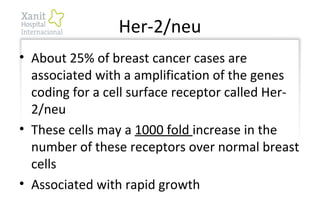 Her-2/neu
• About 25% of breast cancer cases are
associated with a amplification of the genes
coding for a cell surface receptor called Her-
2/neu
• These cells may a 1000 fold increase in the
number of these receptors over normal breast
cells
• Associated with rapid growth
 