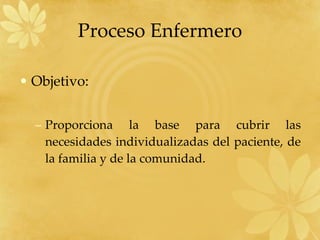 Objetivo: Proporciona la base para cubrir las necesidades individualizadas del paciente, de la familia y de la comunidad. Proceso Enfermero 