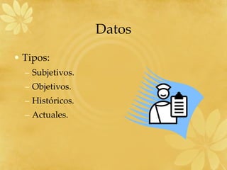 Datos Tipos: Subjetivos. Objetivos. Históricos. Actuales. 