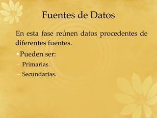 Fuentes de Datos En esta fase reúnen datos procedentes de diferentes fuentes. Pueden ser: Primarias. Secundarias. 