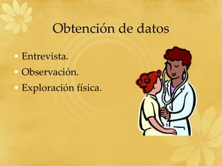 Obtención de datos Entrevista. Observación. Exploración física. 