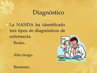 Diagnóstico La NANDA ha identificado tres tipos de diagnósticos de enfermería: Reales. Alto riesgo. Bienestar. 