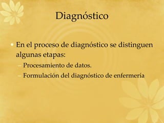Diagnóstico En el proceso de diagnóstico se distinguen algunas etapas: Procesamiento de datos. Formulación del diagnóstico de enfermería 