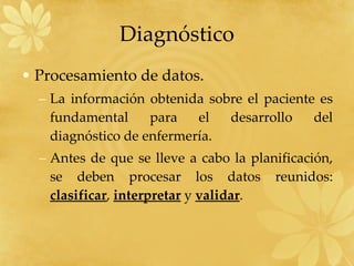 Procesamiento de datos. La información obtenida sobre el paciente es fundamental para el desarrollo del diagnóstico de enfermería. Antes de que se lleve a cabo la planificación, se deben procesar los datos reunidos:  clasificar ,  interpretar  y  validar . Diagnóstico 