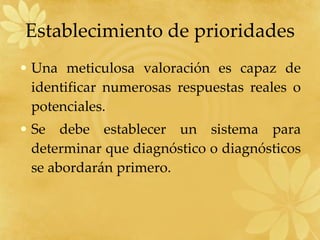 Establecimiento de prioridades Una meticulosa valoración es capaz de identificar numerosas respuestas reales o potenciales. Se debe establecer un sistema para determinar que diagnóstico o diagnósticos se abordarán primero. 