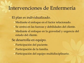 El plan es individualizado. Mediante el enfoque en el factor relacionado. Se centra en las fuerzas y debilidades del cliente. Mediante el enfoque en la gravedad y urgencia del estado del cliente. Se desarrolla en equipo. Participación del paciente. Participación de la familia. Participación del equipo multidisciplinario. Intervenciones de Enfermería 