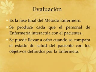Evaluación  Es la fase final del Método Enfermero. Se produce cada que el personal de Enfermería interactúa con el pacientes. Se puede llevar a cabo cuando se compara el estado de salud del paciente con los objetivos definidos por la Enfermera. 