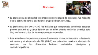 Discusión 
• La prevalencia de obesidad y sobrepeso en este grupo de escolares fue más alta 
que la estimada para la edad por el grupo de ENSANUT 2012. 
• La prevalencia del SM (37.3%) fue más alta que la reportada que en los estudios 
previos en América y cerca del 80% de los niños que no tenían los criterios para 
SM, tenían uno o dos de los componentes anormales. 
• Este estudio es importante porque documenta la asociación entre la lactancia 
<6 meses y el desarrollo de SM (OR>2) en población mexicana después de 
controlar por los diferentes factores perinatales, biológicos y 
sociodemográficos. 
 
