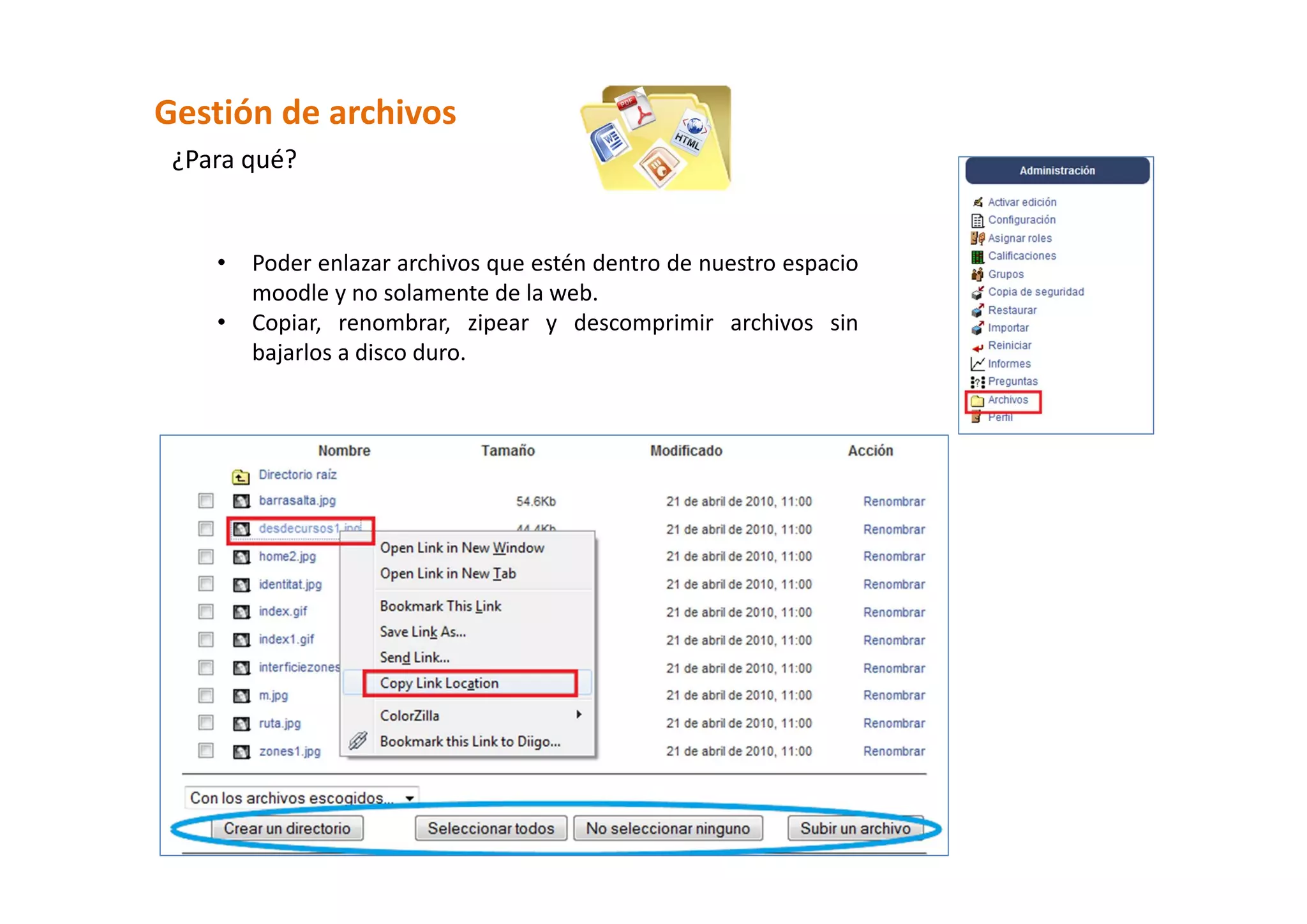 Gestión de archivos 
 ¿Para qué? 


    •   Poder enlazar archivos que estén dentro de nuestro espacio 
        moodle y no solamente de la web. 
    •   Copiar,  renombrar,  zipear  y  descomprimir  archivos  sin 
        bajarlos a disco duro. 
 