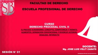 FACULTAD DE DERECHO
ESCUELA PROFESIONAL DE DERECHO
CURSO
DERECHO PROCESAL CIVIL II
EL PROCESO SUMARISIMO: CONCEPTO, COMPETENCIA Y TRÁMITE.
ALIMENTOS. SEPARACION CONVENCIONAL Y DIVORCIO ULTERIOR.
DESALOJO. INTERDICTO
SESIÓN N° 01
DOCENTE:
Mg. JOSE LUIS VELIT ZARATE
 