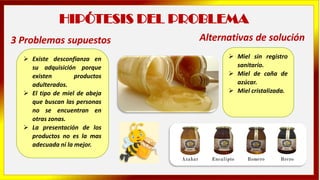 HIPÓTESIS DEL PROBLEMA
➢ Existe desconfianza en
su adquisición porque
existen productos
adulterados.
➢ El tipo de miel de abeja
que buscan las personas
no se encuentran en
otras zonas.
➢ La presentación de los
productos no es la mas
adecuada ni la mejor.
3 Problemas supuestos
➢ Miel sin registro
sanitario.
➢ Miel de caña de
azúcar.
➢ Miel cristalizada.
Alternativas de solución
 