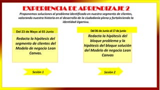 EXPERIENCIA DE APRENDIZAJE 2
Proponemos soluciones al problema identificado en nuestro segmento de clientes,
valorando nuestra historia en el desarrollo de la ciudadanía plena y fortaleciendo la
identidad Ugartina.
Redacta la hipótesis del
segmento de clientes del
Modelo de negocio Lean
Canvas.
Del 23 de Mayo al 03 Junio
Sesión 1 Sesión 2
Del06deJunioal17dejunio
Redacta la hipótesis del
bloque problema y la
hipótesis del bloque solución
del Modelo de negocio Lean
Canvas
 