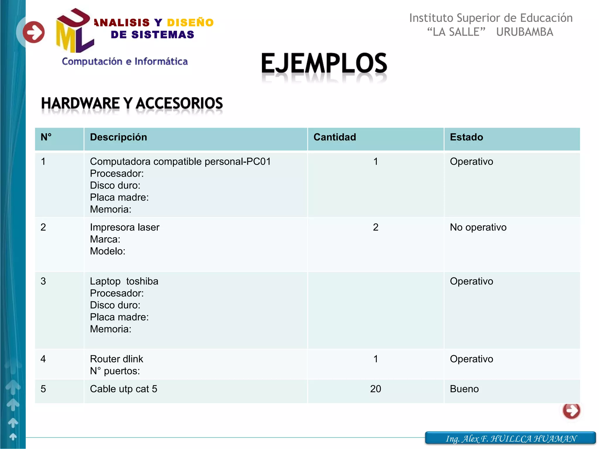 ANALISIS Y DISEÑO                                      Instituto Superior de Educación
       DE SISTEMAS                                              “LA SALLE” URUBAMBA




N°   Descripción                            Cantidad               Estado

1    Computadora compatible personal-PC01              1           Operativo
     Procesador:
     Disco duro:
     Placa madre:
     Memoria:
2    Impresora laser                                   2           No operativo
     Marca:
     Modelo:


3    Laptop toshiba                                                Operativo
     Procesador:
     Disco duro:
     Placa madre:
     Memoria:


4    Router dlink                                      1           Operativo
     N° puertos:
5    Cable utp cat 5                                   20          Bueno



                                                                  Ing. Alex F. HUILLCA HUAMAN
 