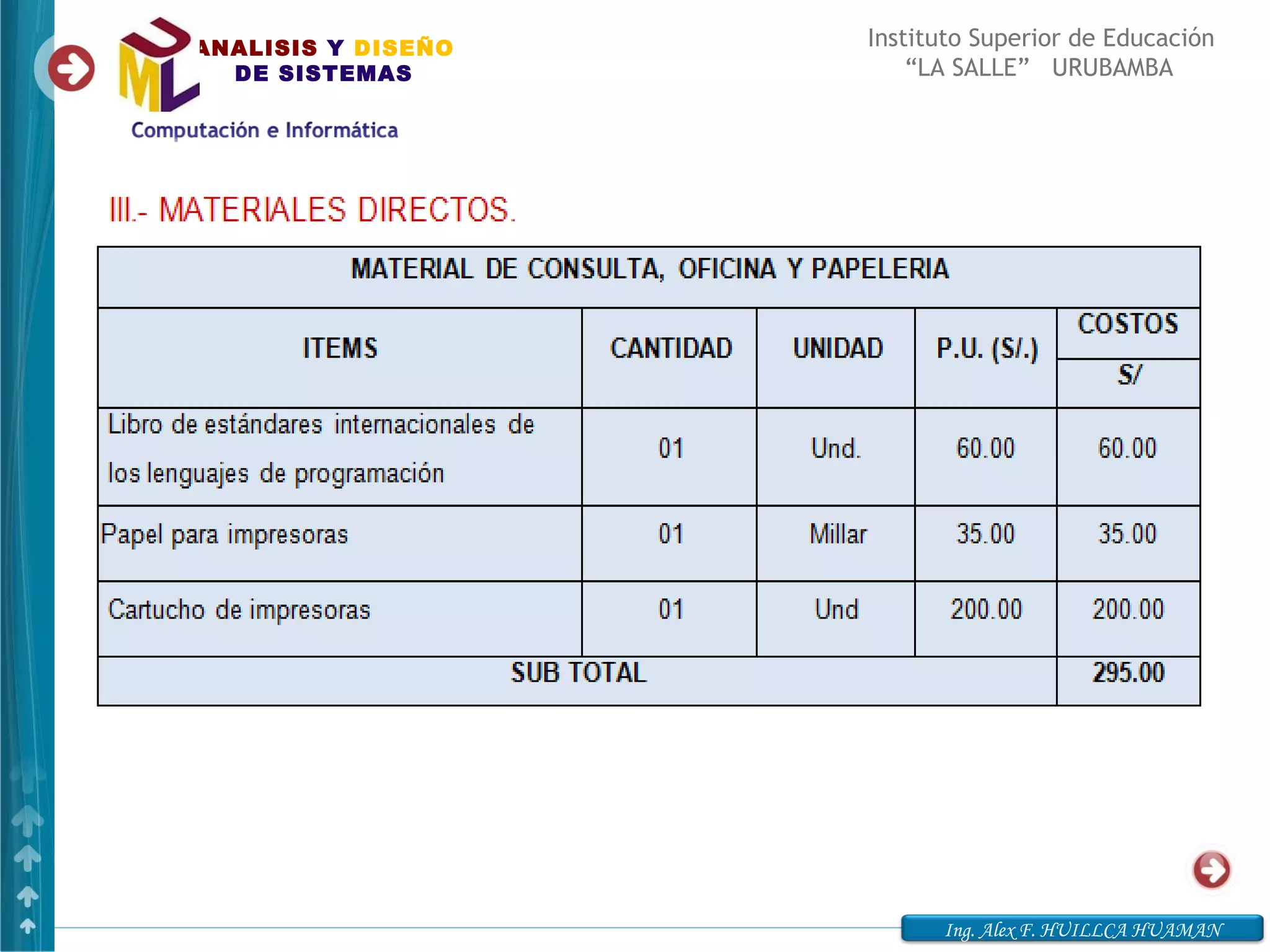 ANALISIS Y DISEÑO   Instituto Superior de Educación
  DE SISTEMAS           “LA SALLE” URUBAMBA




                          Ing. Alex F. HUILLCA HUAMAN
 