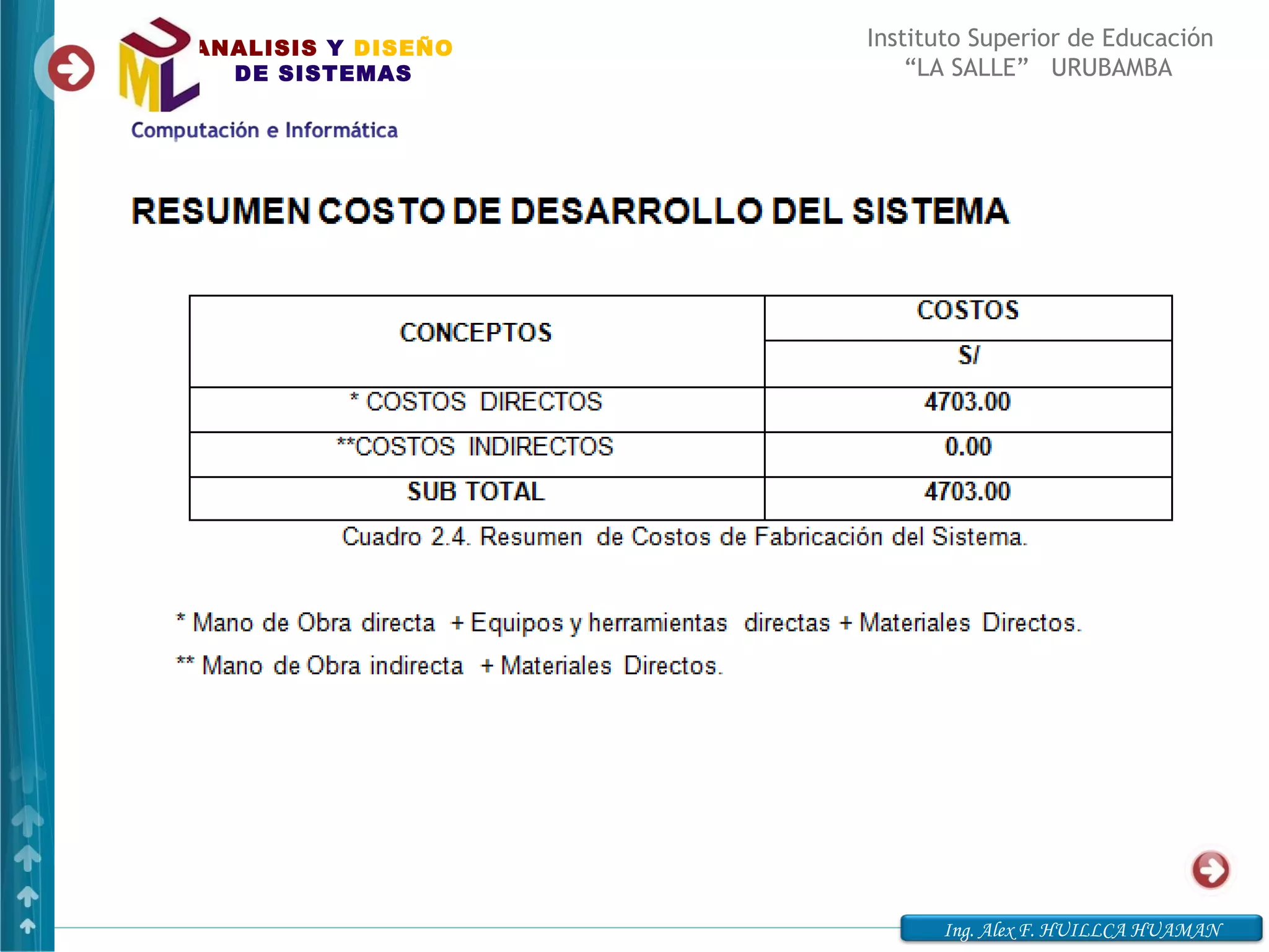 ANALISIS Y DISEÑO   Instituto Superior de Educación
  DE SISTEMAS           “LA SALLE” URUBAMBA




                          Ing. Alex F. HUILLCA HUAMAN
 