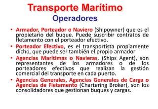 Transporte Marítimo
Operadores
• Armador, Porteador o Naviero (Shipowner) que es el
propietario del buque. Puede suscribir contratos de
fletamento con el porteador efectivo.
• Porteador Efectivo, es el transportista propiamente
dicho, que puede ser también el propio armador
• Agencias Marítimas o Navieras, (Ships Agent), son
representantes de los armadores o de los
porteadores efectivos que realizan la gestión
comercial del transporte en cada puerto.
• Agencias Generales, Agencias Generales de Carga o
Agencias de Fletamento (Chartering Broker), son los
consolidadores que gestionan buques y cargas.
 