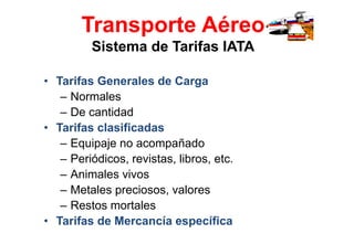 Transporte Aéreo
Sistema de Tarifas IATA
• Tarifas Generales de Carga
– Normales
– De cantidad
• Tarifas clasificadas
– Equipaje no acompañado
– Periódicos, revistas, libros, etc.
– Animales vivos
– Metales preciosos, valores
– Restos mortales
• Tarifas de Mercancía específica
 