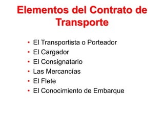 Elementos del Contrato de
Transporte
• El Transportista o Porteador
• El Cargador
• El Consignatario
• Las Mercancías
• El Flete
• El Conocimiento de Embarque
 