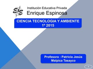 CIENCIA TECNOLOGIA Y AMBIENTE
1º 2015
1
Institución Educativa Privada
Enrique Espinosa
Profesora : Patricia Jesús
Malpica Tasayco
 